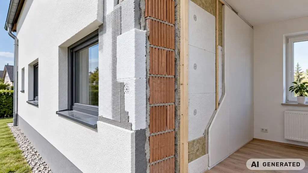 Wärmedämmung außen und innen 3D Darstellung einer Hausfassade mit teilweise abgetragener Außenverkleidung, die die Dämmung und Mauerwerksstruktur zeigt