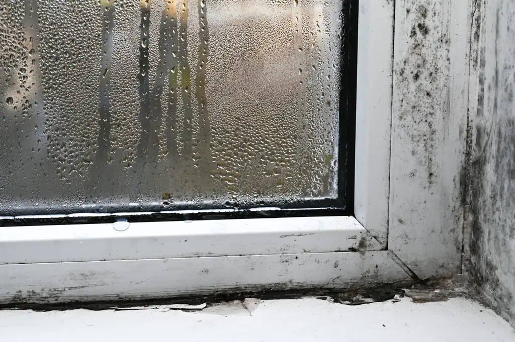 Schimmel am Fenster Fensterrahmen mit Kondenswasser und sichtbarem Schimmel an der unteren Ecke und angrenzender Wand