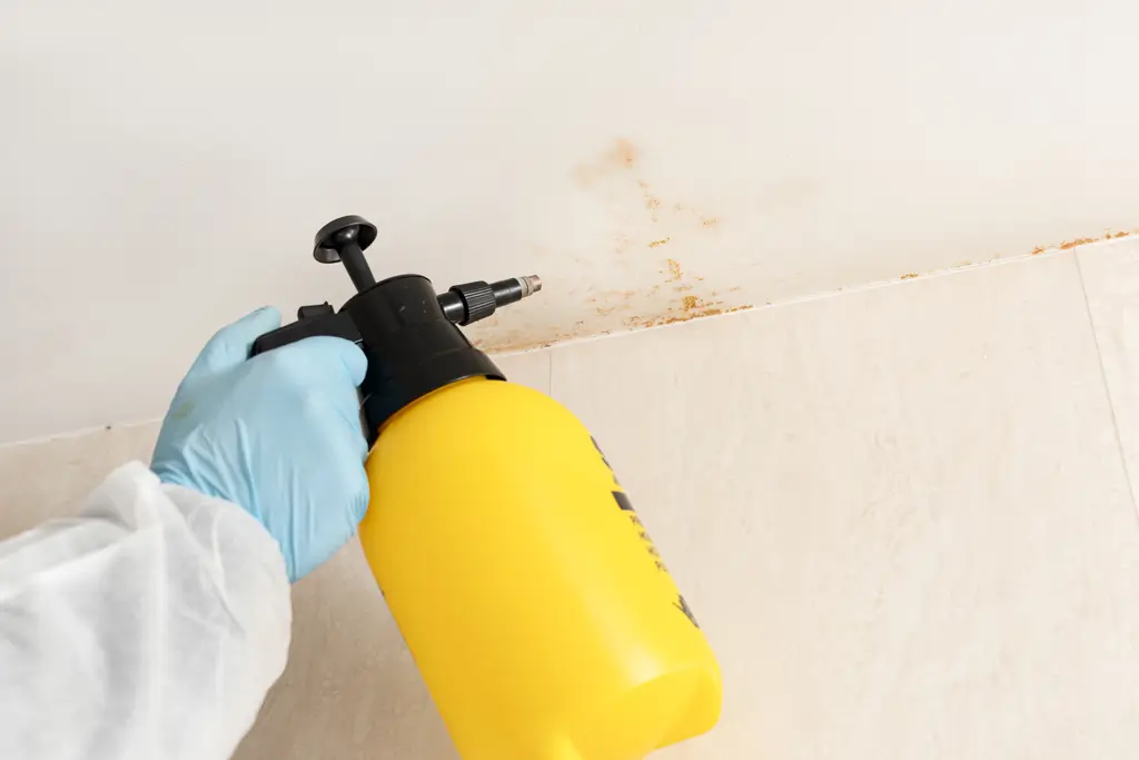 Schimmelbekämpfung Hand mit blauer Schutzhandschuh sprüht mit gelbem Drucksprüher an einer Wand mit Schimmelflecken