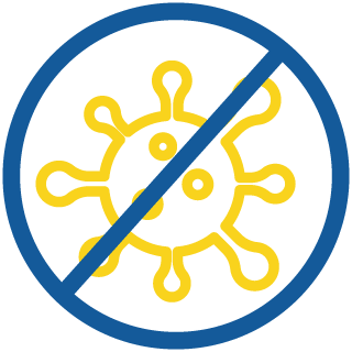 Schimmelentfernung Blau-gelbes Piktogramm eines durchgestrichenen Virus- oder Schimmelpilzsymbols
