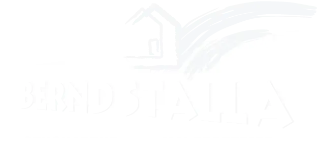 weiße Linienzeichnung eines stilisierten Hauses mit dem Schriftzug 'STALLA' darunter