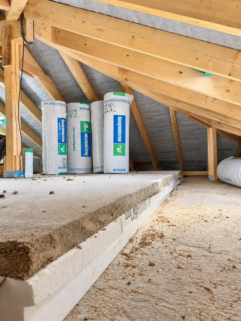 Heller Dachboden mit sichtbaren Holzbalken und mehreren aufrecht stehenden Dämmrollen