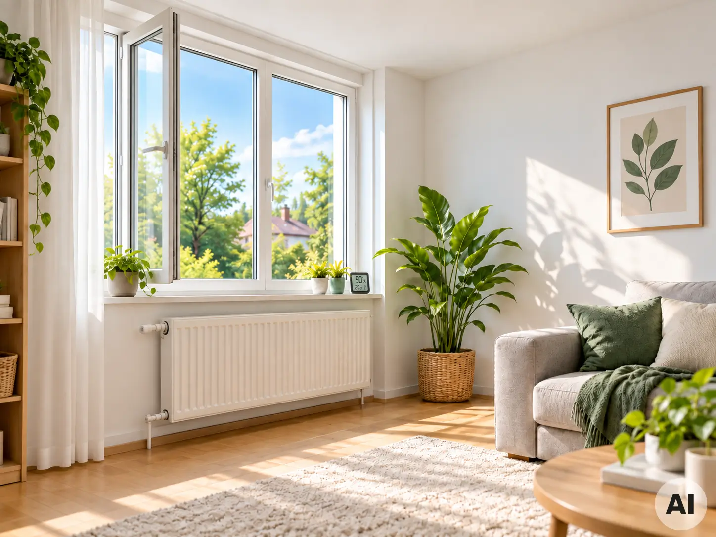 Sonniger Wohnbereich mit Pflanzen Heller Wohnbereich mit großem geöffnetem Fenster, mehreren Zimmerpflanzen, grauem Sofa mit Kissen und Decke sowie einem runden Holztisch